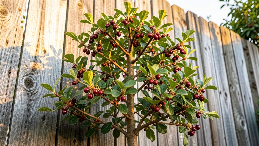 Espaliered Strawberry Tree Against Fence