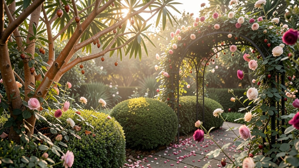 Strawberry Tree Hedge with Climbing Roses